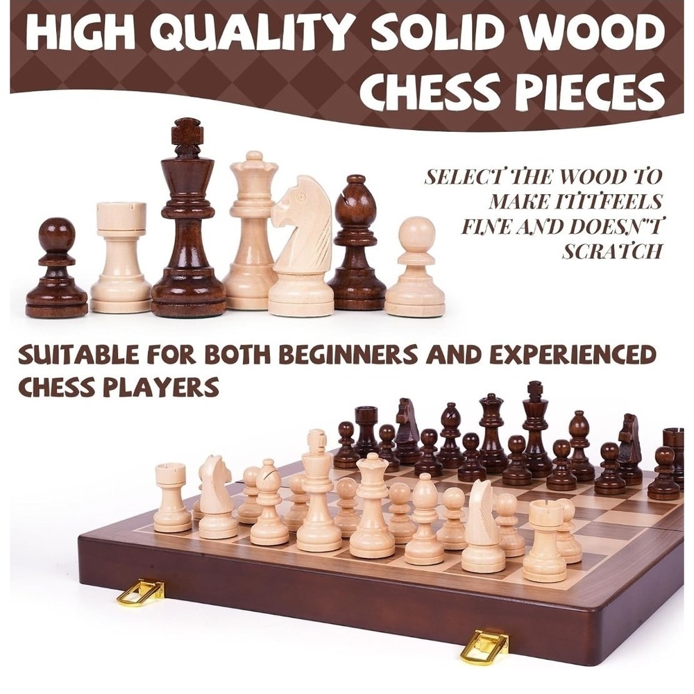 Soban's 17in Walnut Wooden Chess Set Folding Board 2 Extra Queens 3.5in King - Picture 4 of 7